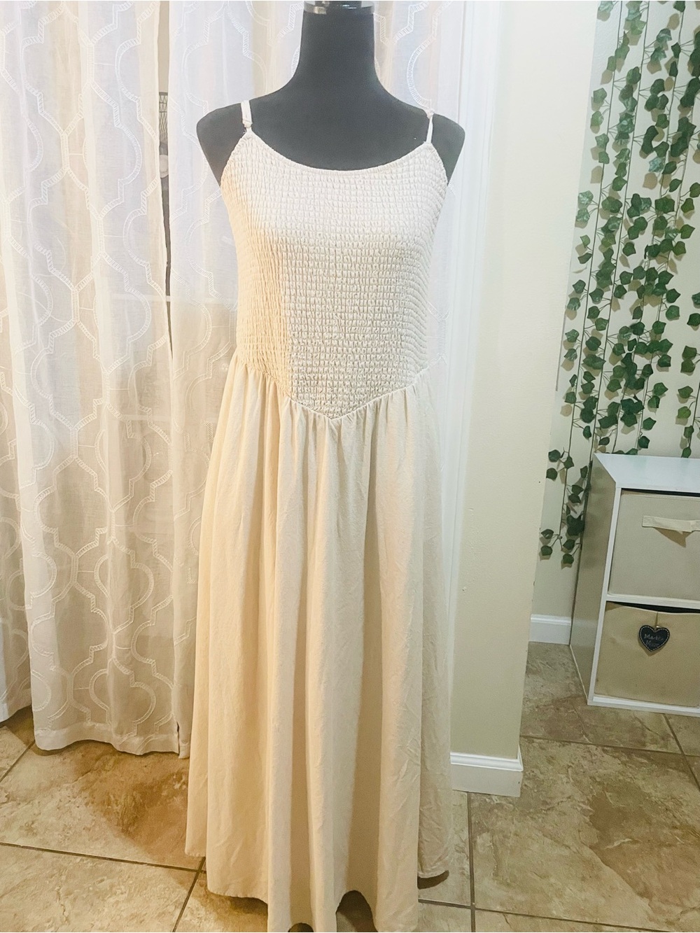 Rachel Zoe Cream Smocked Maxi Dress with Thin Straps